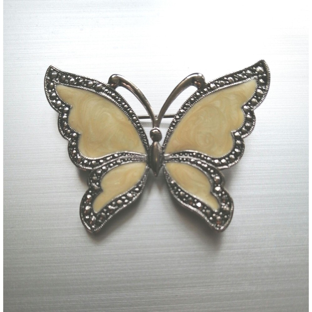 Vintage Marcasite Marble Enamel Butterfly Brooch Silver Tone
